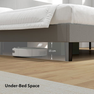 Queen size bed frame with adjustable upholstered headboard, wooden slatted base, quiet, light grey