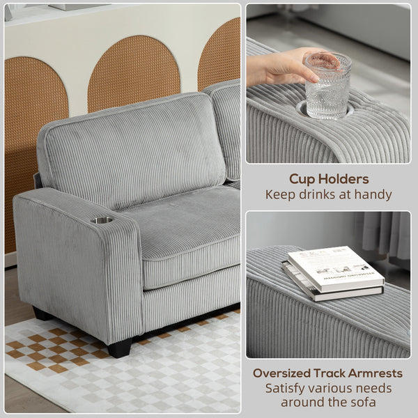 3-seater fabric sofa with spring cushion and cup holders, light grey