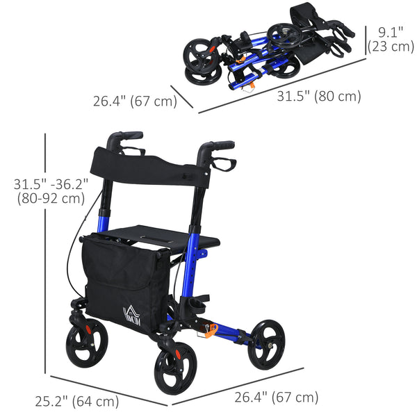 Senior walker with seat and backrest in blue