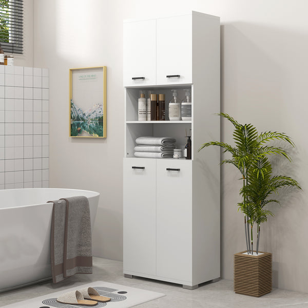 Freestanding bathroom cabinet with open shelves and cupboards, white