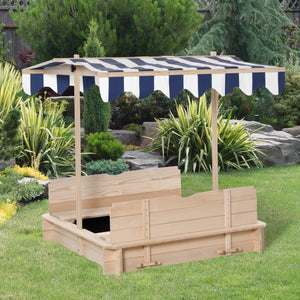 Wooden sandbox with adjustable canopy and convertible bench