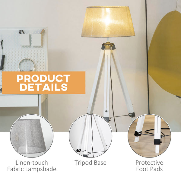 Adjustable height wooden tripod floor lamp, white and grey