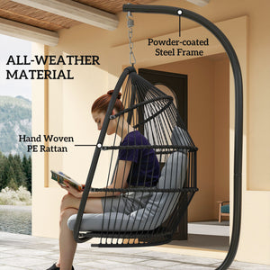 Wicker swing chair with stand, foldable and hanging, UV-resistant cushion and headrest, dark grey