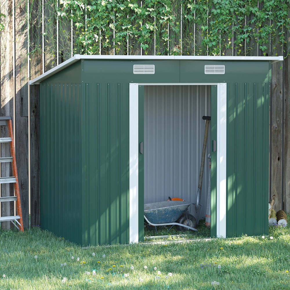 Lockable metal garden shed, green