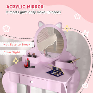 Dressing table with mirror and stool, cat motif, pink