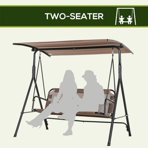 2-Person Porch Swing Chair, 2 Seater Patio Swing Bench w/ Adjustable Canopy, Breathable Seat for Garden, Poolside, Brown