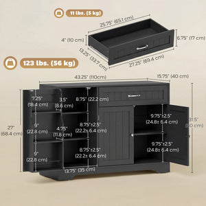 Storage sideboard with drawer, 2 cabinets, adjustable shelves and door storage – Black