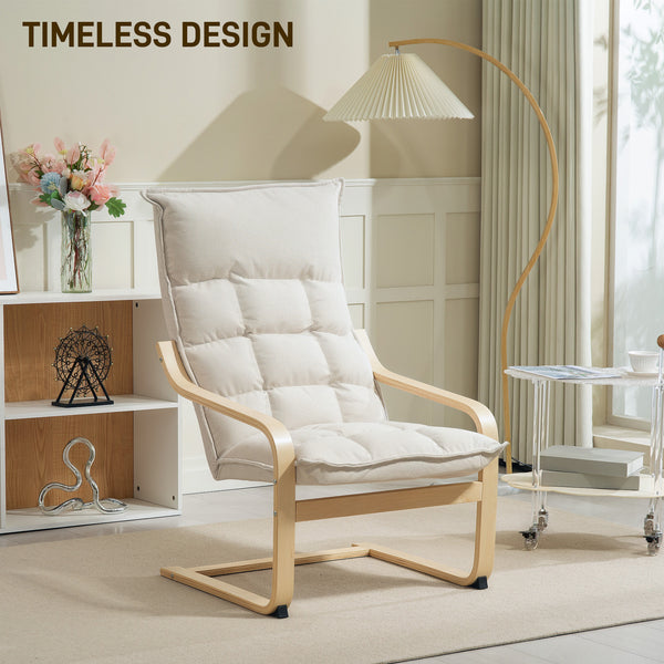 Upholstered accent chair with curved legs and armrests, cream white