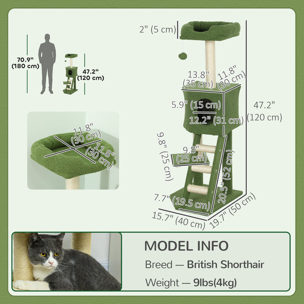 119cm high cat tree with niche, ladder, scratching posts and hanging ball, green