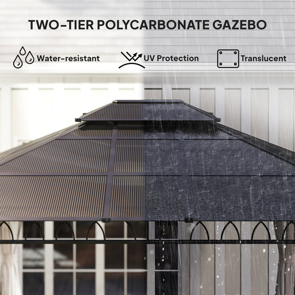 10' x 12' gazebo with double rigid roof, polycarbonate roof, steel frame, mosquito netting and curtains