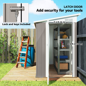 Lean-to metal garden shed with lockable door and ventilation, light grey