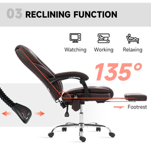 Reclining massage office chair with adjustable height and footrest, dark brown