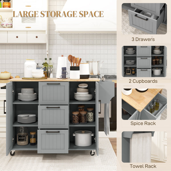 Kitchen trolley on wheels with flap, 3 drawers, solid wood top and towel rail