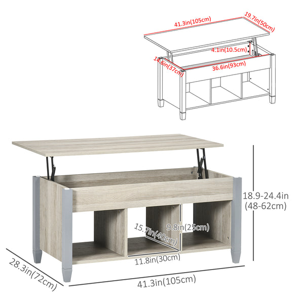 Lift-up coffee table with hidden compartment and 3 lower shelves, grey