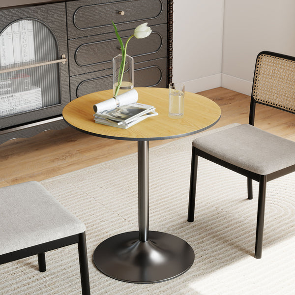 Round kitchen table for 2 people with wood veneer and steel base, natural color.