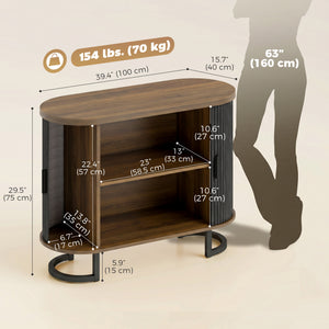 Sideboard Buffet Cabinet with Curved Tambour Doors, Thick Tabletop and Arc Metal Legs Brown and Black