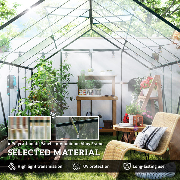 Aluminium and polycarbonate garden greenhouse with adjustable roof ventilation
