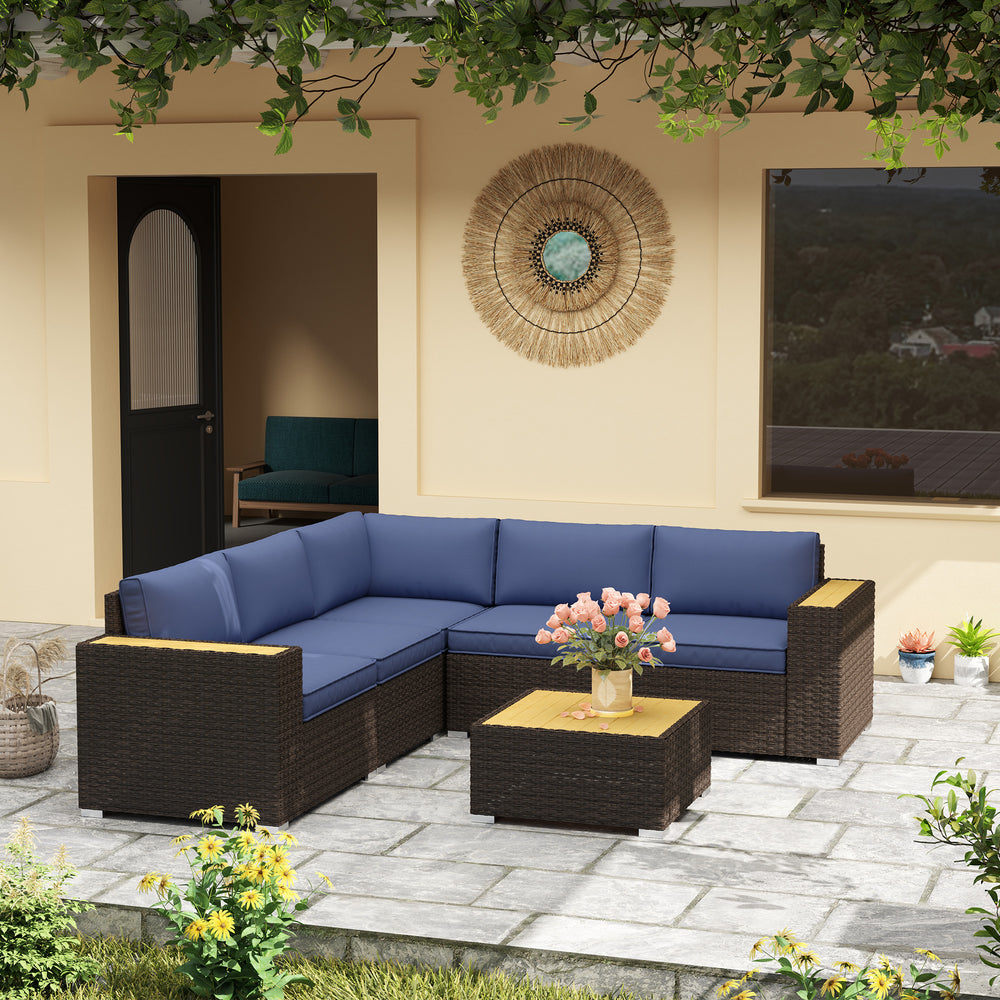 6 Piece Garden Furniture Set with Corner Sofa, Coffee Table, Wood and Plastic, Navy Blue