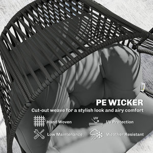 Wicker rattan egg chair with thick cushion and headrest, steel frame, adjustable cushions, grey