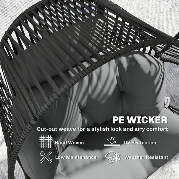 Wicker rattan egg chair with thick cushion and headrest, steel frame, adjustable cushions, grey