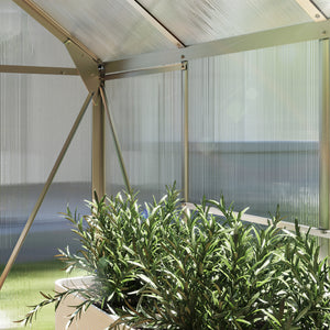 Greenhouse with gutter, ventilation and sliding door, silver
