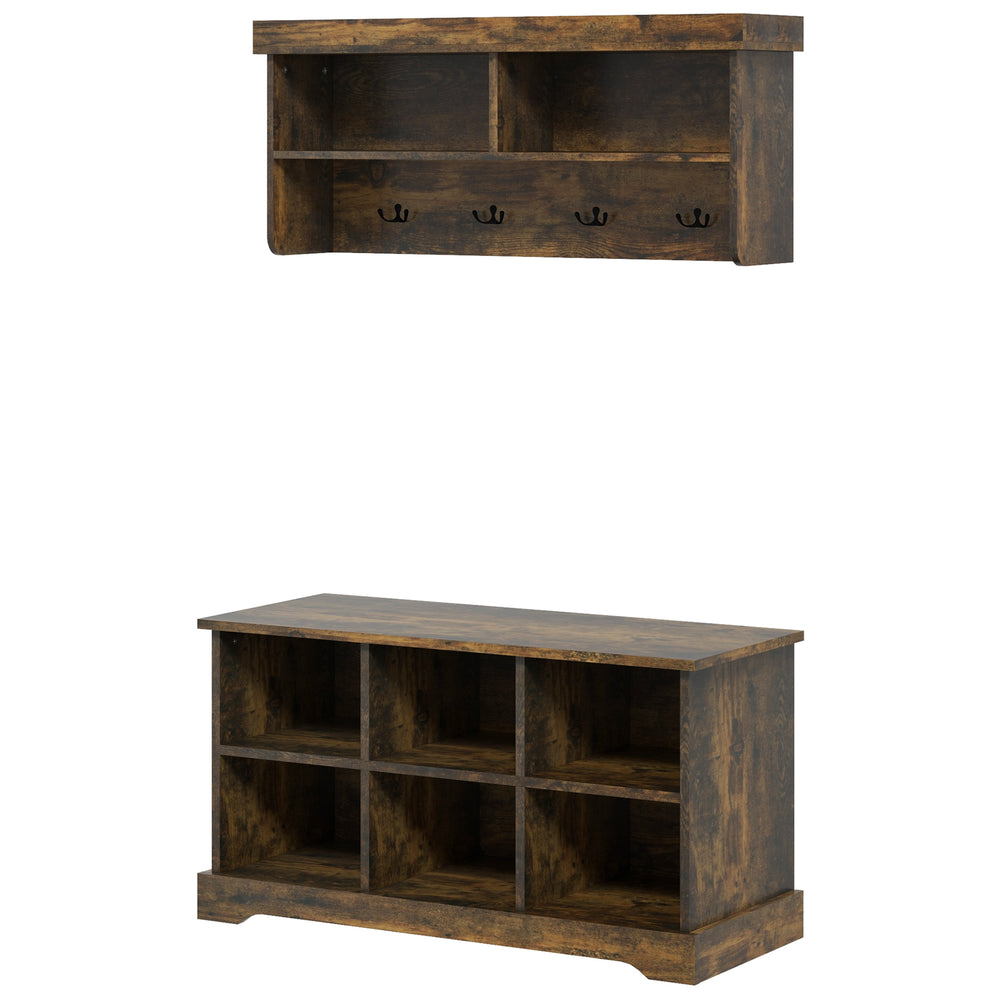 Rustic Brown Coat Rack and Shoe Bench Set