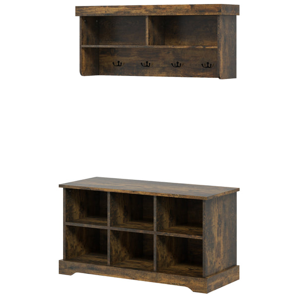 Rustic Brown Coat Rack and Shoe Bench Set