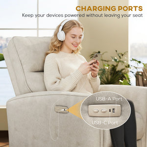 Electric reclining chair, fabric upholstery, USB ports, footrest, beige