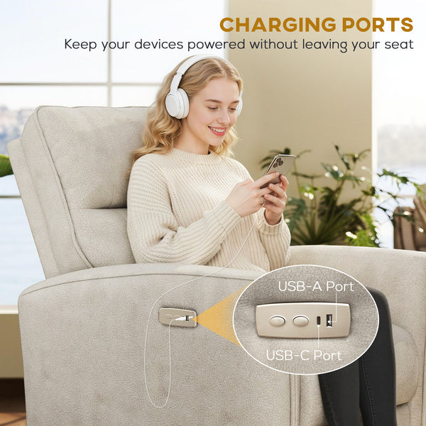 Electric reclining chair, fabric upholstery, USB ports, footrest, beige