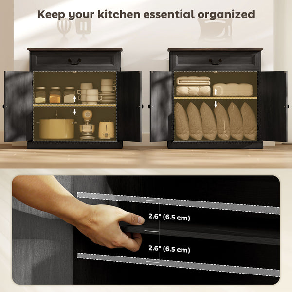Farmhouse style buffet, thick top, silent drawer and adjustable shelf, black wood finish.