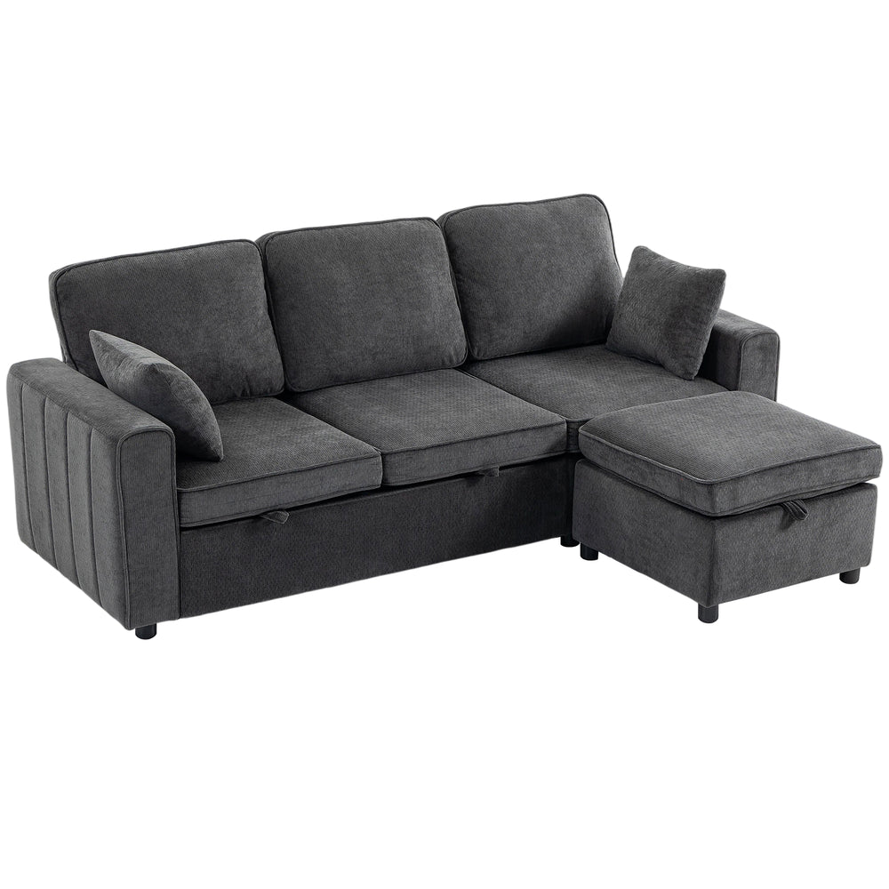 Modular sectional sleeper sofa with reversible storage ottoman with spring cushion, dark grey