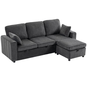 Modular sectional sleeper sofa with reversible storage ottoman with spring cushion, dark grey