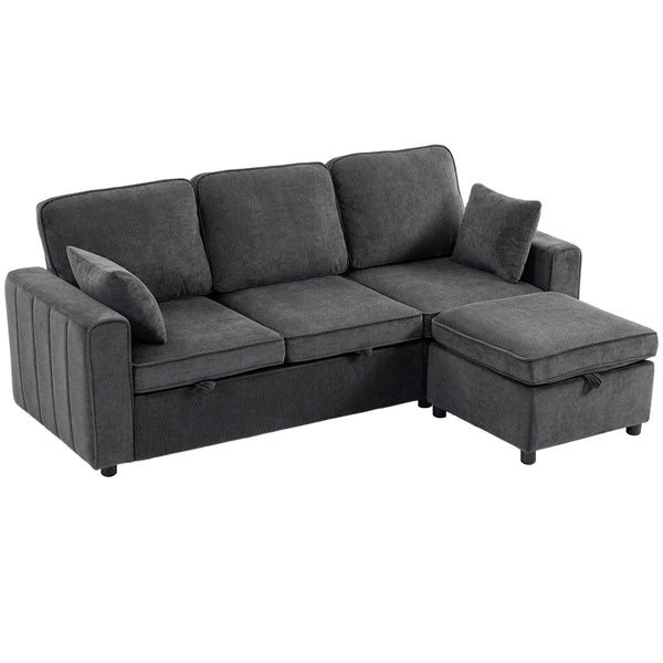 Modular sectional sleeper sofa with reversible storage ottoman with spring cushion, dark grey
