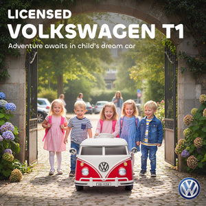 12V electric car, licensed Volkswagen T1, with dual motor and soft start, for ages 3-7, red.