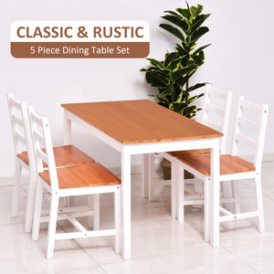 4 Person Pine Dining Set with High Back Chairs, White and Natural Wood