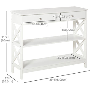 Narrow entryway console table with storage shelves, white