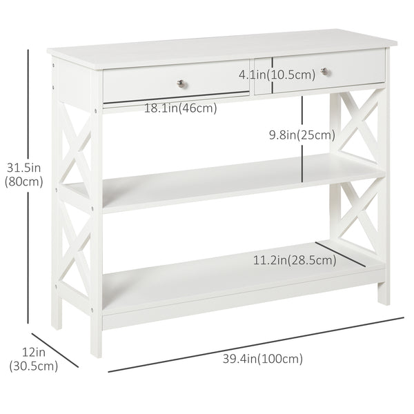 Narrow entryway console table with storage shelves, white