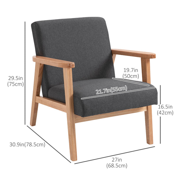 Mid-century fabric accent chair with wooden armrests, gray