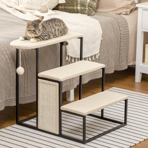 20" 3 Steps Cat Stairs, Carpeted Ladder Ramp, Pet Steps with Scratching Board and Hanging Ball for Small Cats, Steel Frame, Cream White