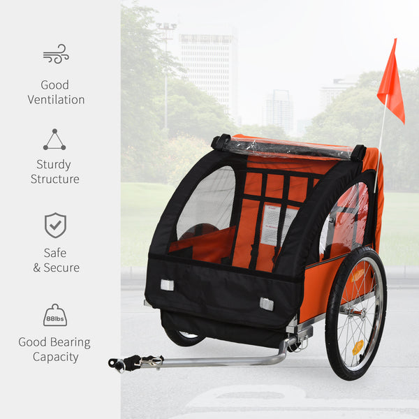 2-seater bicycle trailer with sturdy steel frame, 5-point safety harness, orange