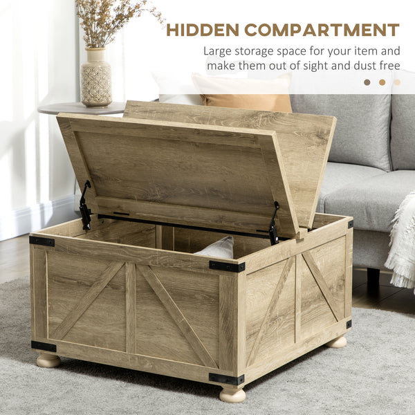Farmhouse style square coffee table with hinged lids, oak