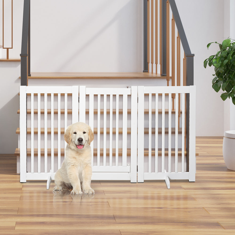 Freestanding wooden pet gate with 3 foldable panels