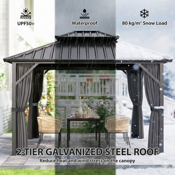 Gazebo with rigid roof 10 x 12 with double roof in galvanized steel, aluminum frame, dark grey