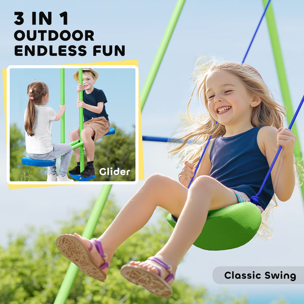 3-in-1 metal swing set with double swing and glider