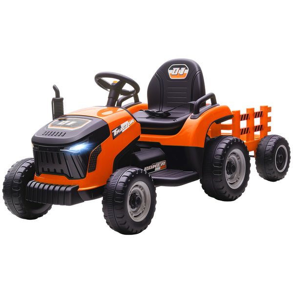 Orange 12V tractor with trailer, remote control, music, lights