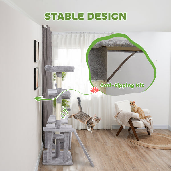 Cat tree with scratching posts, niche, beds, platforms and play balls, light grey