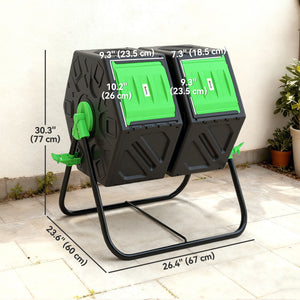 Rotating double-chamber composter with 24 vents and steel legs, green