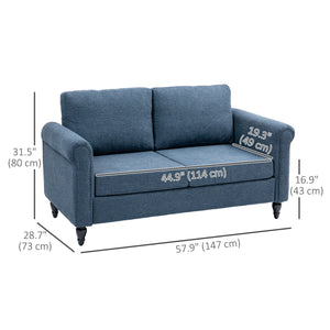 Vintage upholstered 2-seater sofa, rolled armrests, rubberwood legs, dark blue