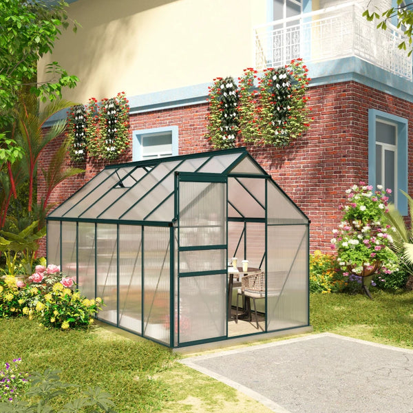 Green polycarbonate greenhouse with adjustable ventilated roof, galvanized base, sliding door and gutter
