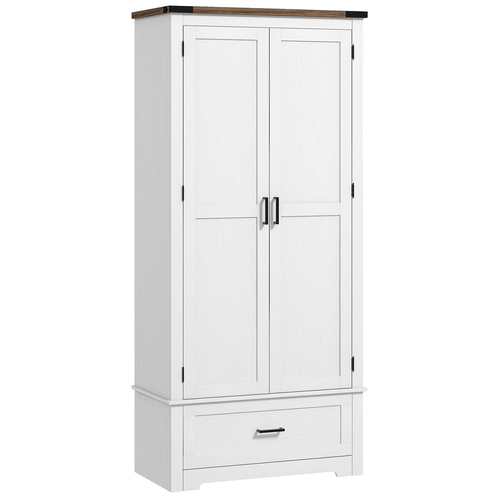 Country style pantry cabinet with 2 doors, drawer and adjustable shelves, white